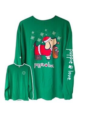 Puppie Love T-Shirt Mens 2XL Green Christmas Dog Graphic Tee Gildan 26x30
